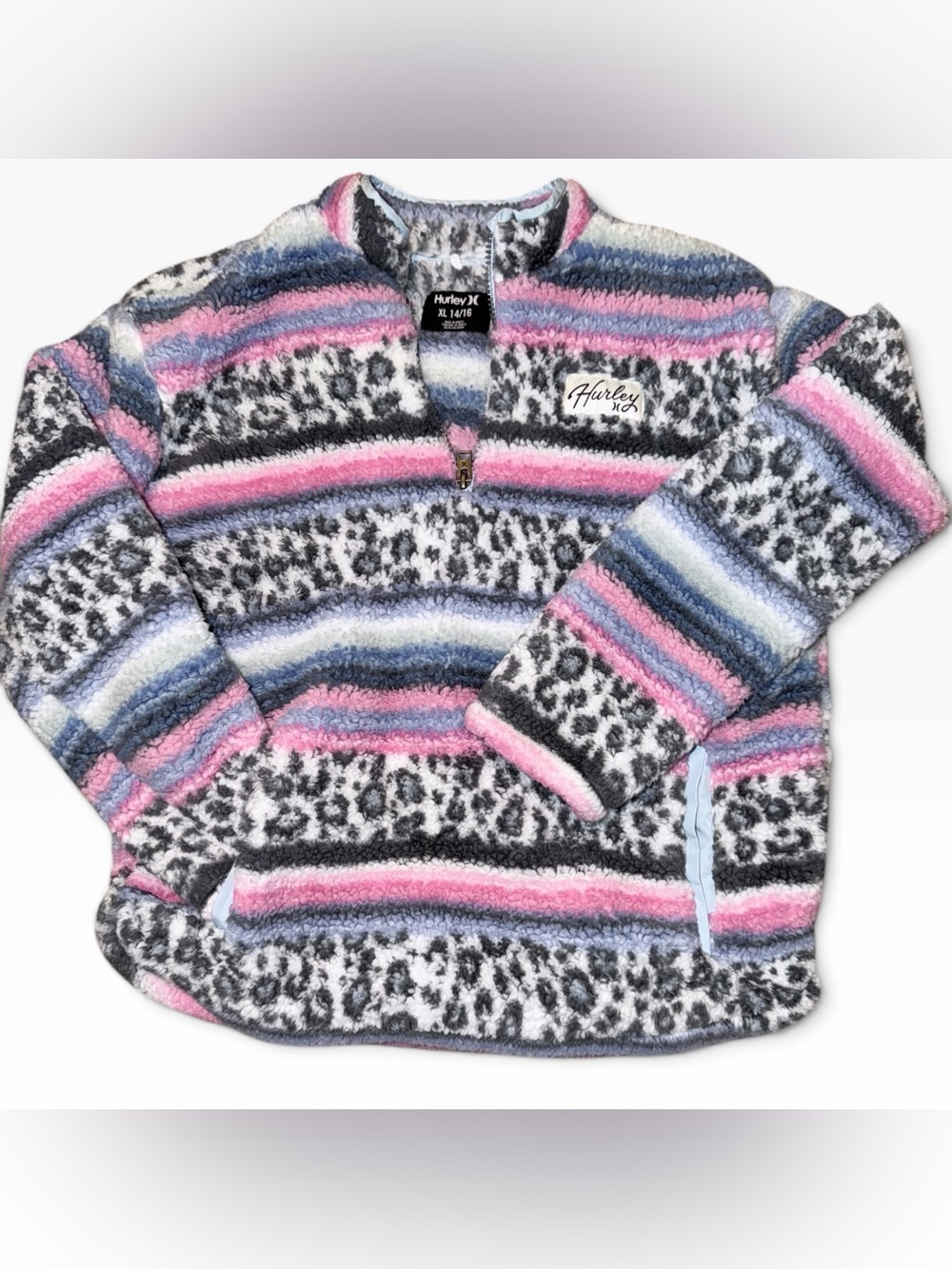 Hurley Pink, Gray & Blue Striped Sherpa Quarter-Zip Pullover